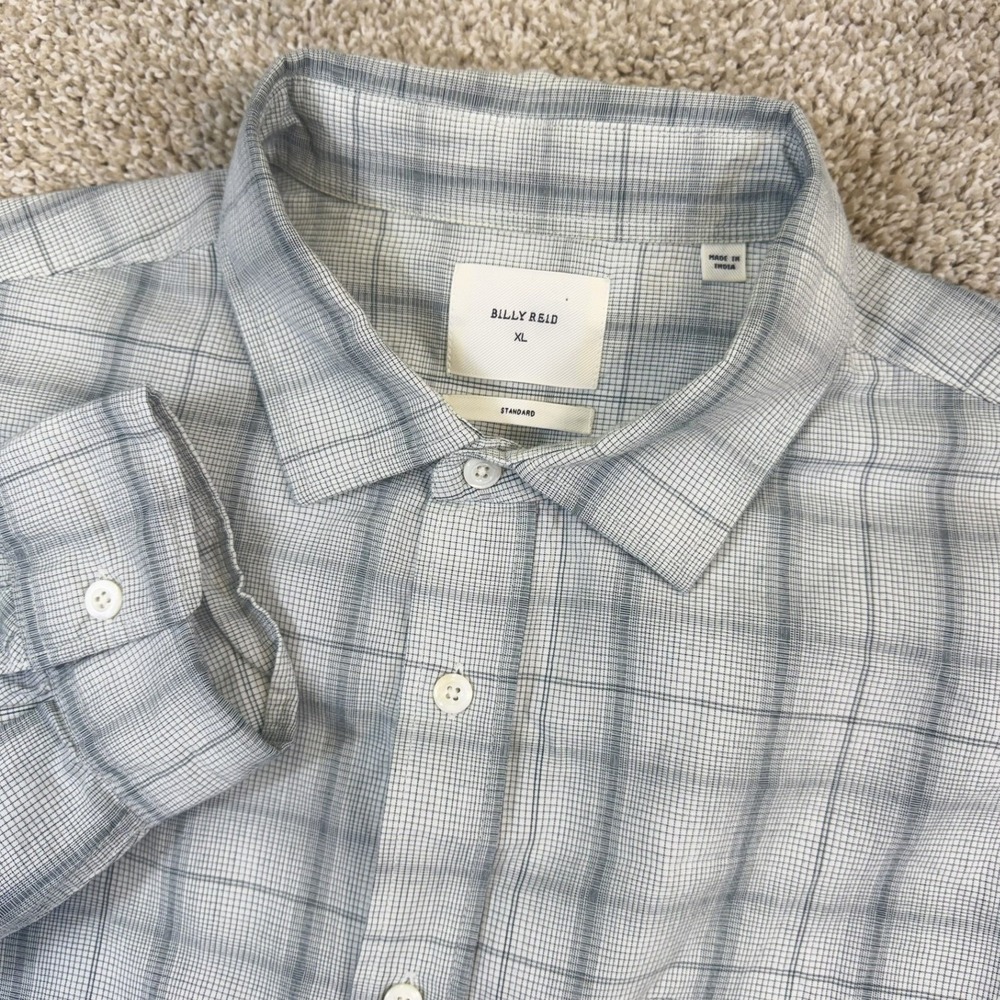 Billy Reid Button Down Shirt Mens XL White Blue Plaid Long Sleeve Standard Fit